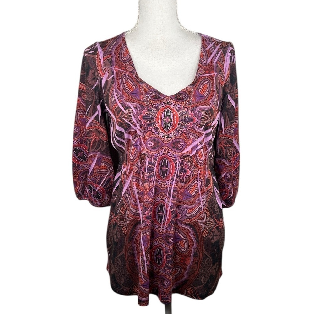 Apt. 9 Purple‎ Y2K 90's Paisley Beaded Boho V-neck 3/4 Sleeve Top Size Medium